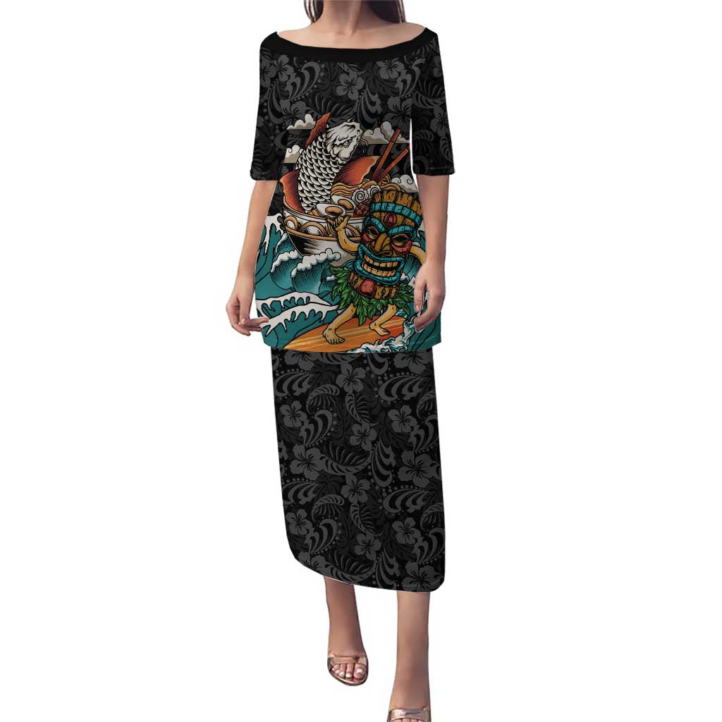Personalized Japanese Koi Fish Ramen Family Matching Puletasi and Hawaiian Shirt Tiki Surfing Wagara Hibiscus Pattern LT9 Mom's Dress Black - Polynesian Pride
