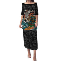 Personalized Japanese Koi Fish Ramen Family Matching Puletasi and Hawaiian Shirt Tiki Surfing Wagara Hibiscus Pattern LT9 Mom's Dress Black - Polynesian Pride