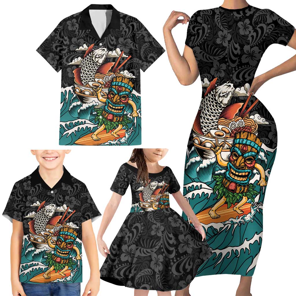 Personalized Japanese Koi Fish Ramen Family Matching Short Sleeve Bodycon Dress and Hawaiian Shirt Tiki Surfing Wagara Hibiscus Pattern LT9 - Polynesian Pride