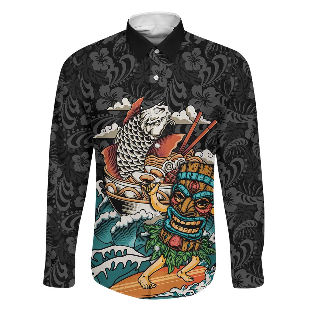 Personalized Japanese Koi Fish Ramen Family Matching Short Sleeve Bodycon Dress and Hawaiian Shirt Tiki Surfing Wagara Hibiscus Pattern LT9 Dad's Shirt - Long Sleeve Black - Polynesian Pride