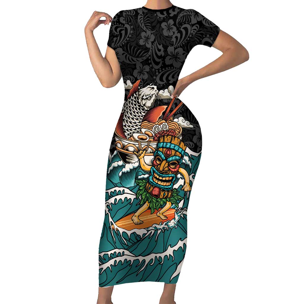 Personalized Japanese Koi Fish Ramen Family Matching Short Sleeve Bodycon Dress and Hawaiian Shirt Tiki Surfing Wagara Hibiscus Pattern LT9 Mom's Dress Black - Polynesian Pride