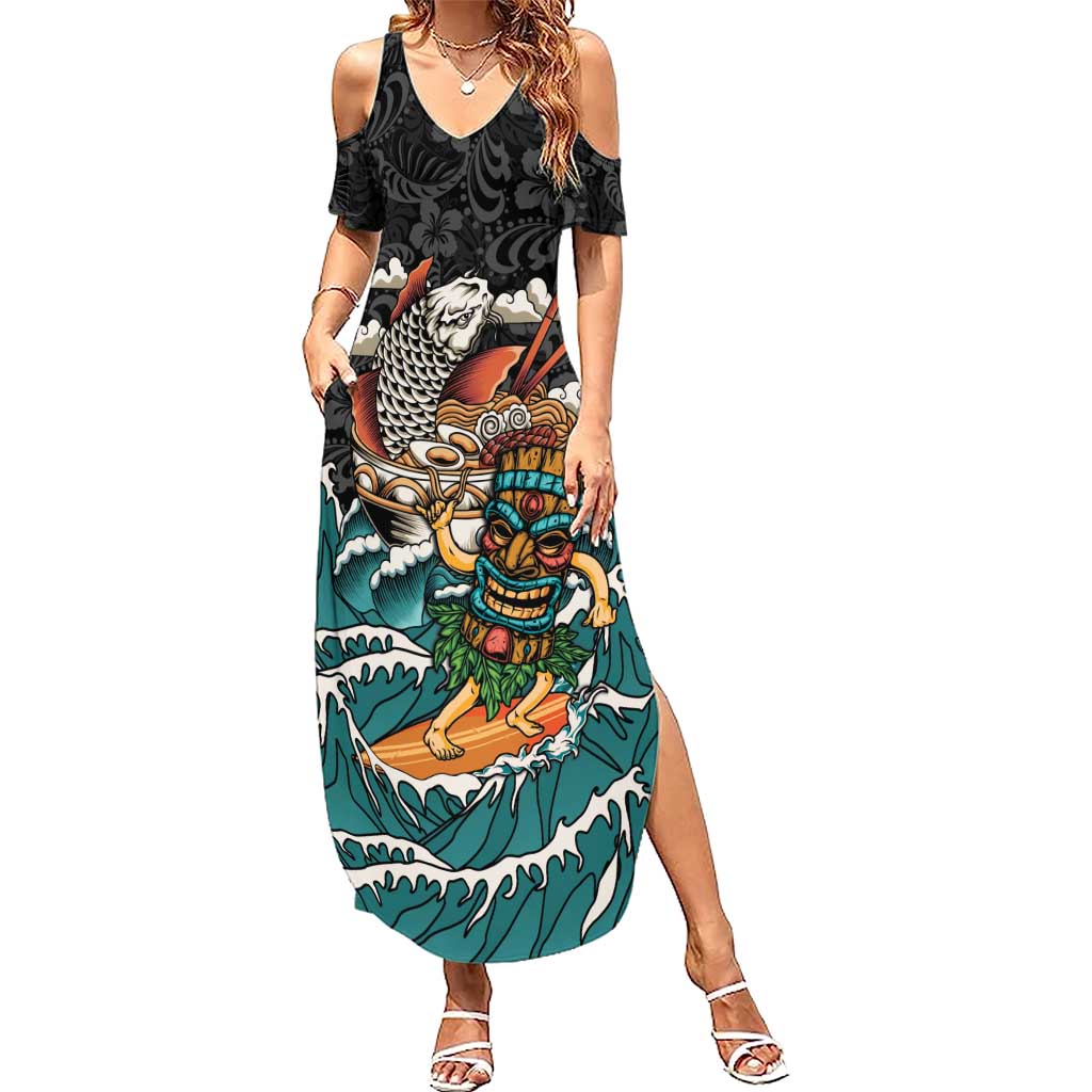 Personalized Japanese Koi Fish Ramen Family Matching Summer Maxi Dress and Hawaiian Shirt Tiki Surfing Wagara Hibiscus Pattern LT9 Mom's Dress Black - Polynesian Pride