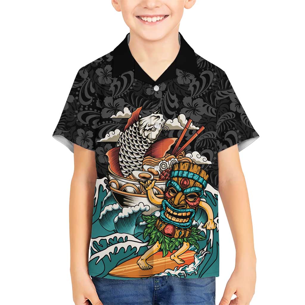 Personalized Japanese Koi Fish Ramen Family Matching Summer Maxi Dress and Hawaiian Shirt Tiki Surfing Wagara Hibiscus Pattern LT9 Son's Shirt Black - Polynesian Pride