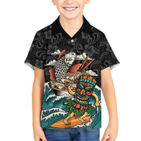 Personalized Japanese Koi Fish Ramen Family Matching Summer Maxi Dress and Hawaiian Shirt Tiki Surfing Wagara Hibiscus Pattern LT9 Son's Shirt Black - Polynesian Pride