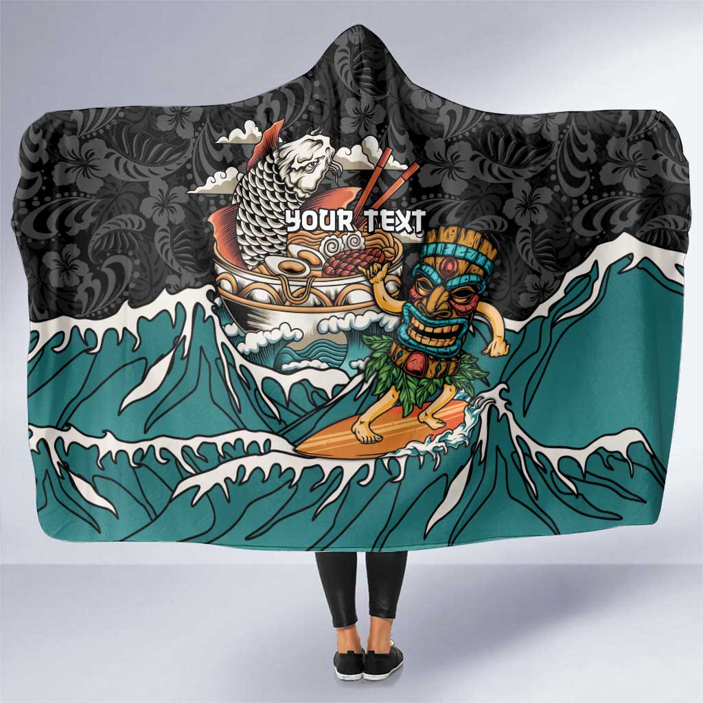 Personalized Japanese Koi Fish Ramen Hooded Blanket Tiki Surfing Wagara Hibiscus Pattern
