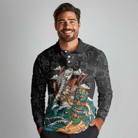 Personalized Japanese Koi Fish Ramen Long Sleeve Polo Shirt Tiki Surfing Wagara Hibiscus Pattern