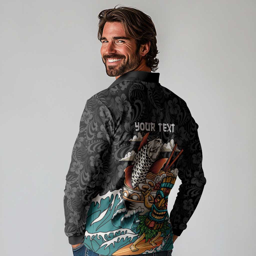 Personalized Japanese Koi Fish Ramen Long Sleeve Polo Shirt Tiki Surfing Wagara Hibiscus Pattern