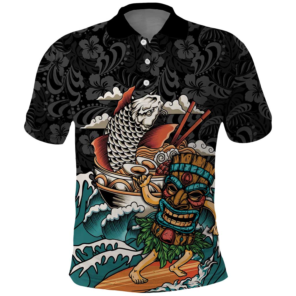 Personalized Japanese Koi Fish Ramen Polo Shirt Tiki Surfing Wagara Hibiscus Pattern