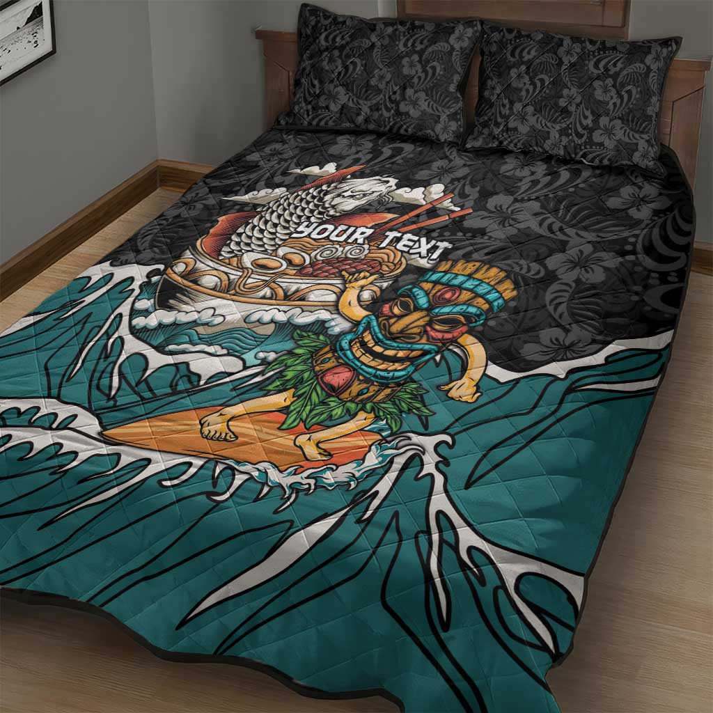 Personalized Japanese Koi Fish Ramen Quilt Bed Set Tiki Surfing Wagara Hibiscus Pattern