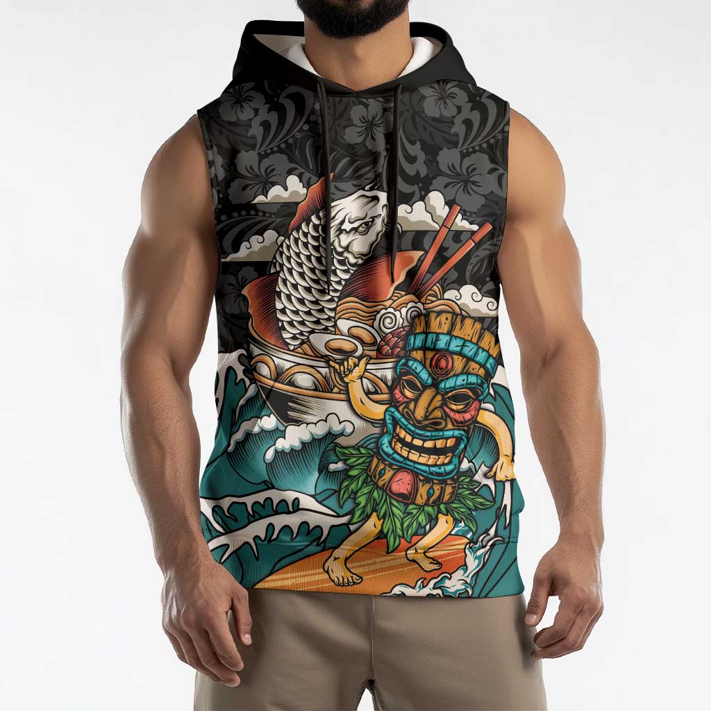 Personalized Japanese Koi Fish Ramen Sleeveless Hoodie Tiki Surfing Wagara Hibiscus Pattern