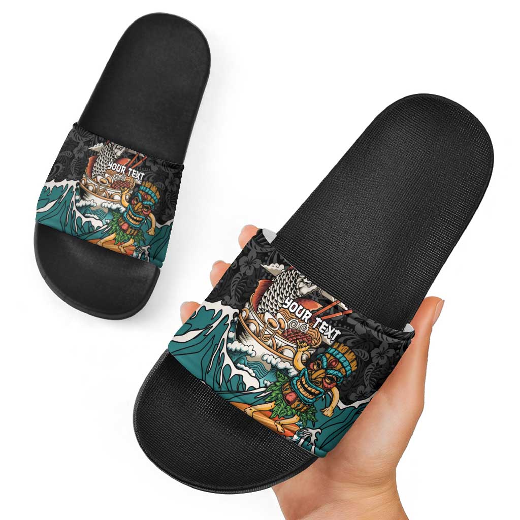 Personalized Japanese Koi Fish Ramen Slide Sandals Tiki Surfing Wagara Hibiscus Pattern