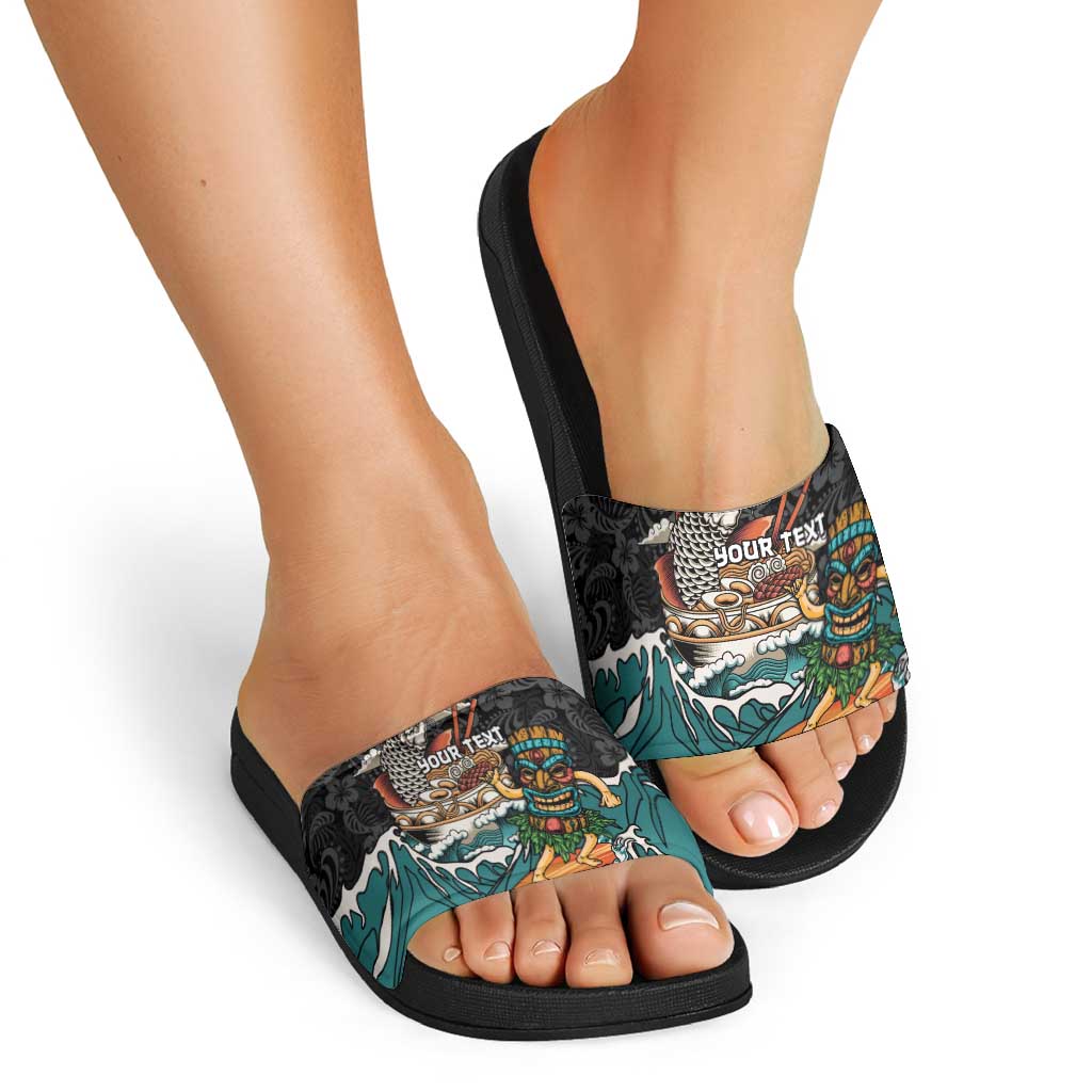 Personalized Japanese Koi Fish Ramen Slide Sandals Tiki Surfing Wagara Hibiscus Pattern