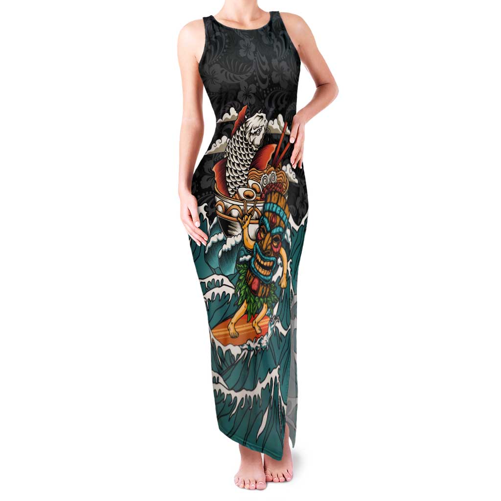 Personalized Japanese Koi Fish Ramen Tank Maxi Dress Tiki Surfing Wagara Hibiscus Pattern LT9 Women Black - Polynesian Pride