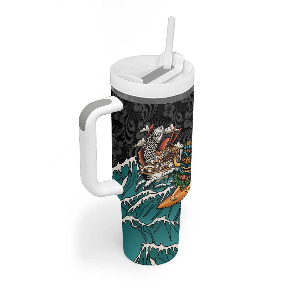 Personalized Japanese Koi Fish Ramen Tumbler With Handle Tiki Surfing Wagara Hibiscus Pattern