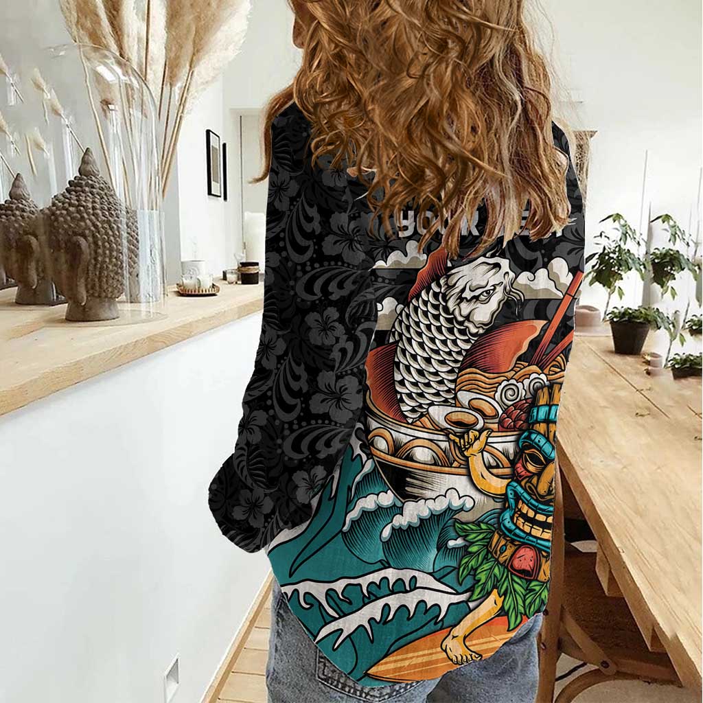 Personalized Japanese Koi Fish Ramen Women Casual Shirt Tiki Surfing Wagara Hibiscus Pattern