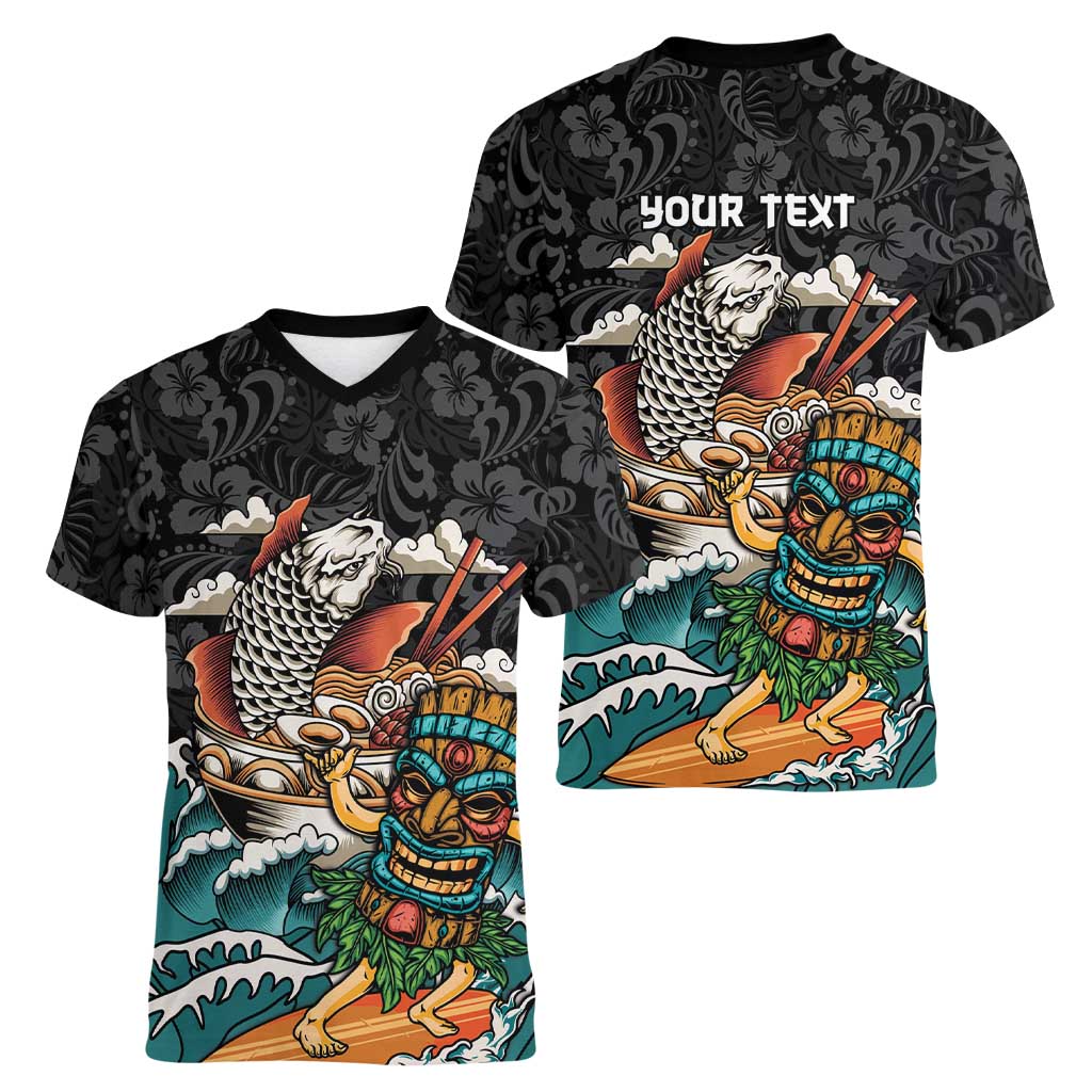 Personalized Japanese Koi Fish Ramen Women V-Neck T-Shirt Tiki Surfing Wagara Hibiscus Pattern