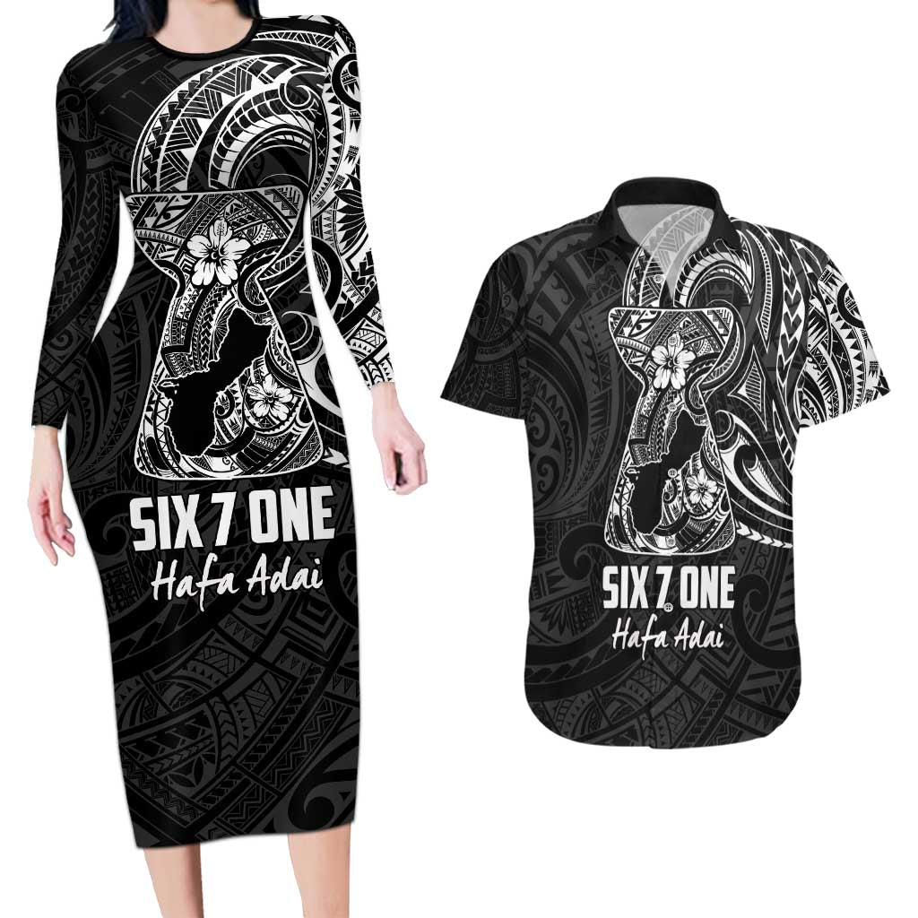 Black Guam Latte Stone Tribal Tattoo Couples Matching Long Sleeve Bodycon Dress and Hawaiian Shirt Hafa Adai Six 7 One LT9 Black - Polynesian Pride