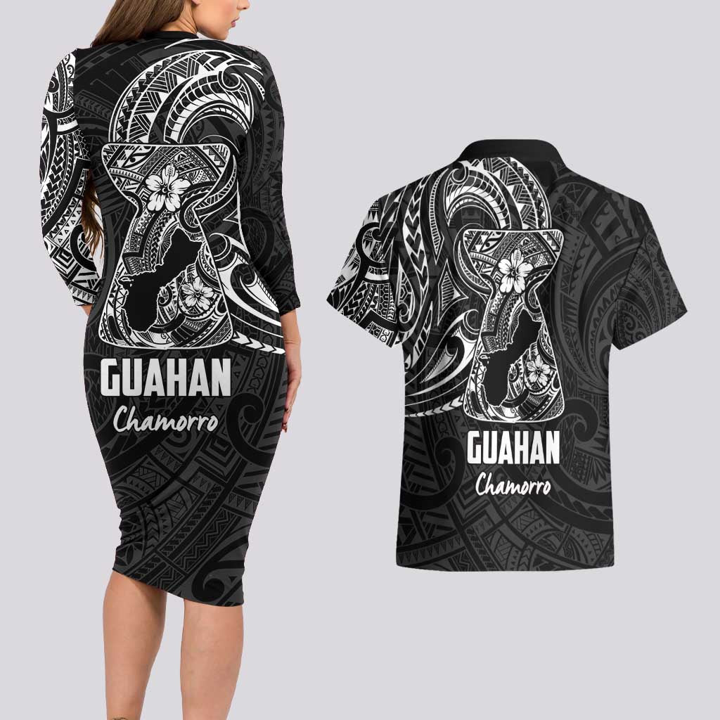 Black Guam Latte Stone Tribal Tattoo Couples Matching Long Sleeve Bodycon Dress and Hawaiian Shirt Hafa Adai Six 7 One LT9 - Polynesian Pride