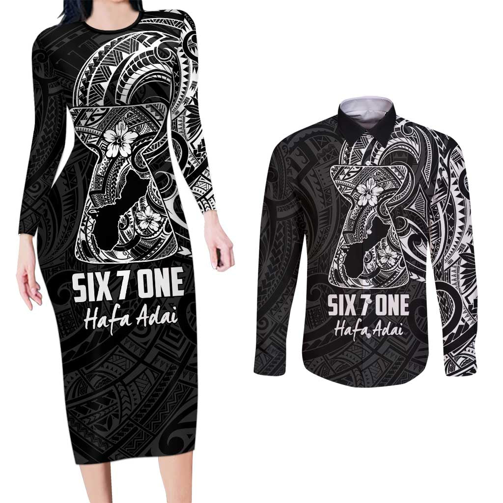 Black Guam Latte Stone Tribal Tattoo Couples Matching Long Sleeve Bodycon Dress and Long Sleeve Button Shirt Hafa Adai Six 7 One LT9 Black - Polynesian Pride
