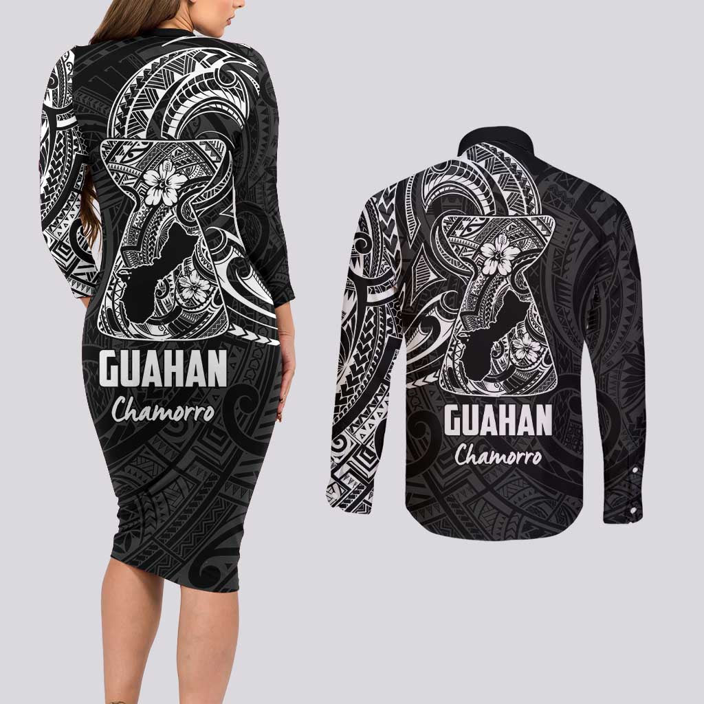 Black Guam Latte Stone Tribal Tattoo Couples Matching Long Sleeve Bodycon Dress and Long Sleeve Button Shirt Hafa Adai Six 7 One LT9 - Polynesian Pride
