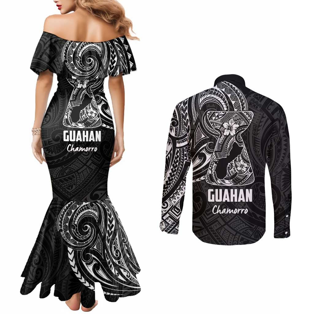 Black Guam Latte Stone Tribal Tattoo Couples Matching Mermaid Dress and Long Sleeve Button Shirt Hafa Adai Six 7 One LT9 - Polynesian Pride