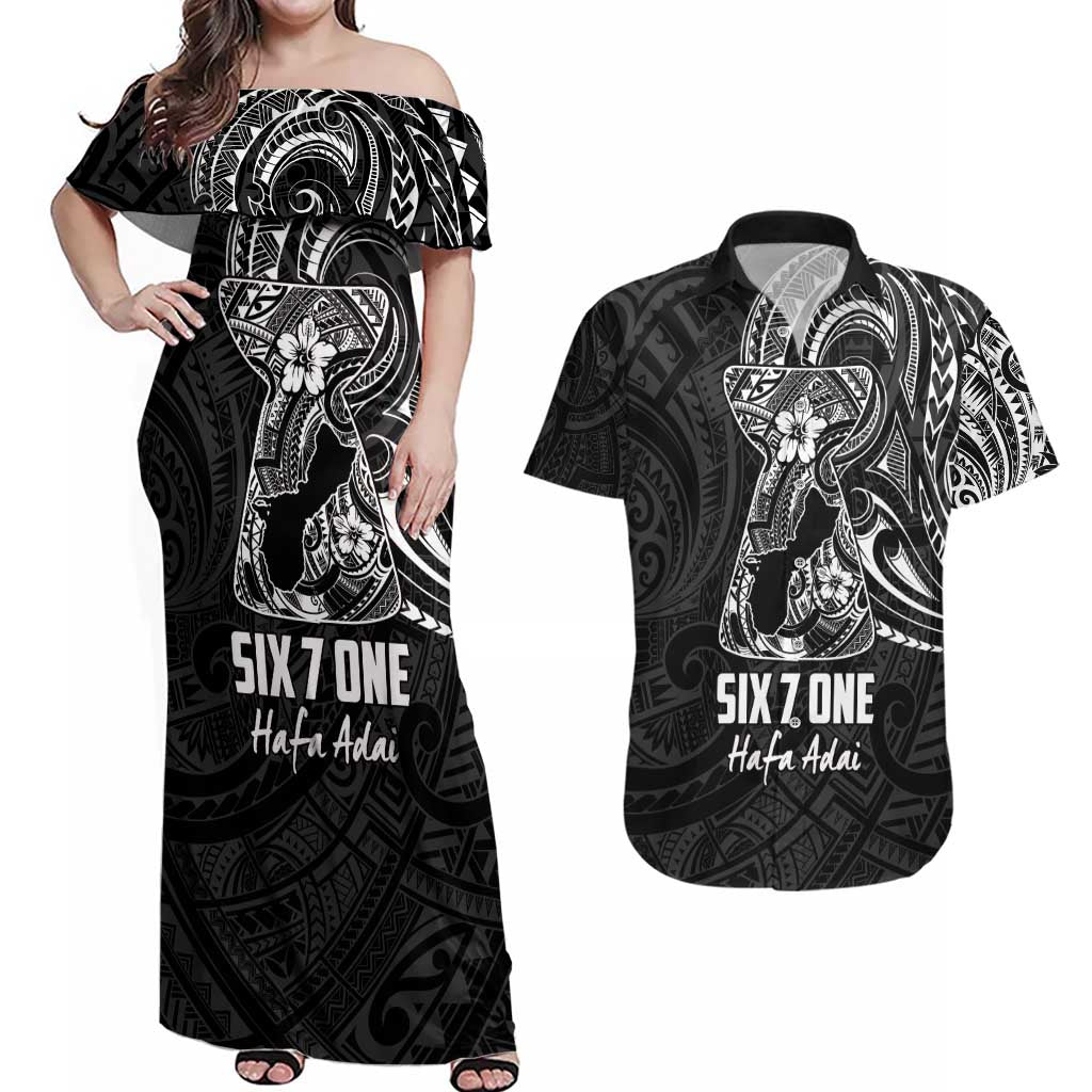 Black Guam Latte Stone Tribal Tattoo Couples Matching Off Shoulder Maxi Dress and Hawaiian Shirt Hafa Adai Six 7 One LT9 Black - Polynesian Pride