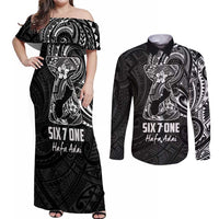 Black Guam Latte Stone Tribal Tattoo Couples Matching Off Shoulder Maxi Dress and Long Sleeve Button Shirt Hafa Adai Six 7 One LT9 Black - Polynesian Pride