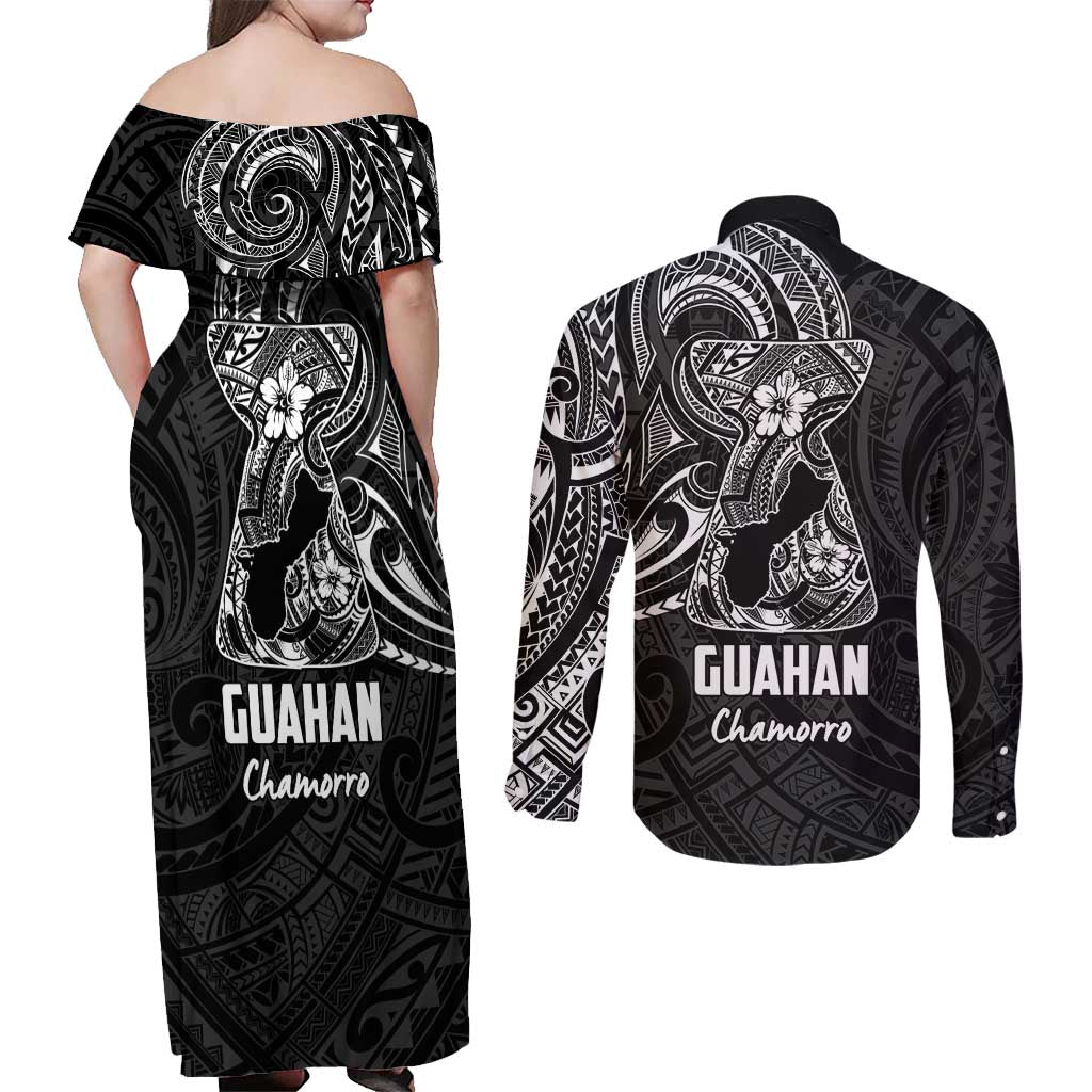 Black Guam Latte Stone Tribal Tattoo Couples Matching Off Shoulder Maxi Dress and Long Sleeve Button Shirt Hafa Adai Six 7 One LT9 - Polynesian Pride