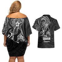 Black Guam Latte Stone Tribal Tattoo Couples Matching Off Shoulder Short Dress and Hawaiian Shirt Hafa Adai Six 7 One LT9 - Polynesian Pride