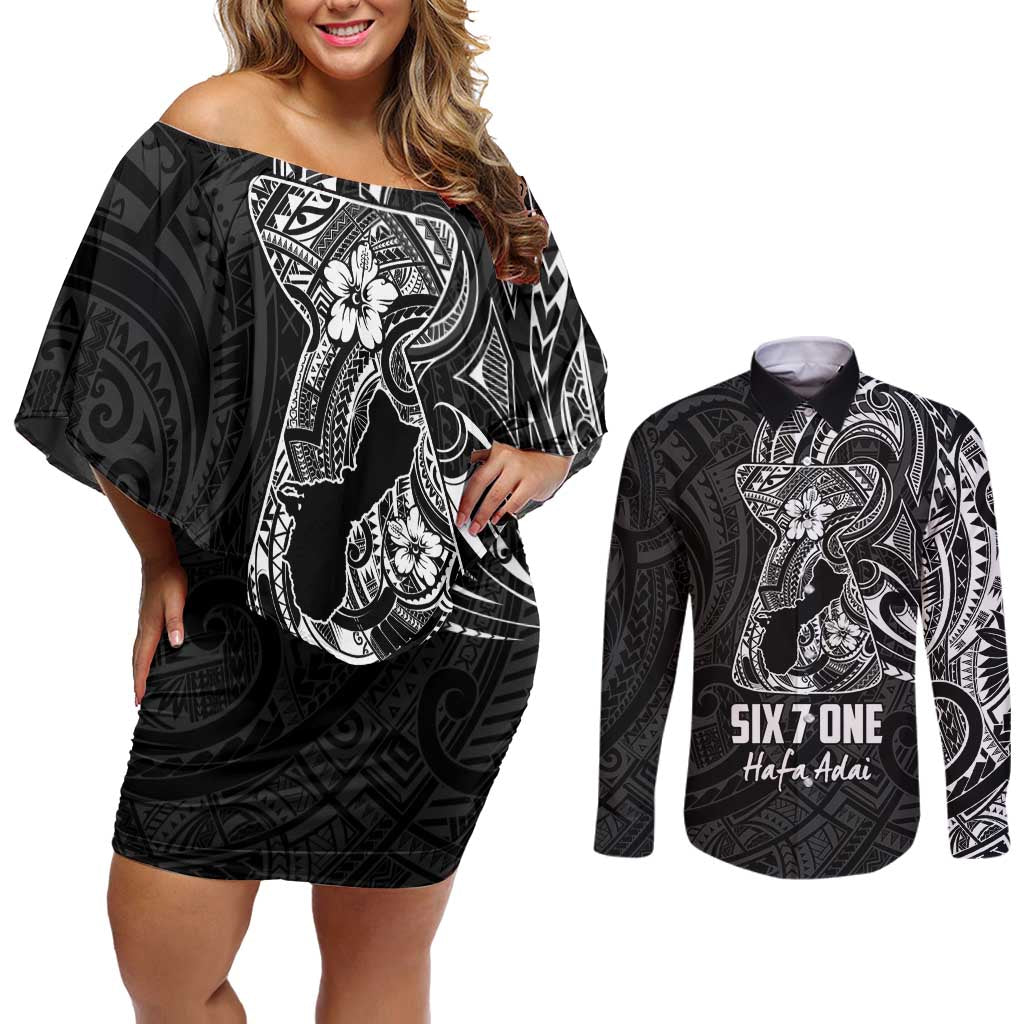 Black Guam Latte Stone Tribal Tattoo Couples Matching Off Shoulder Short Dress and Long Sleeve Button Shirt Hafa Adai Six 7 One LT9 Black - Polynesian Pride