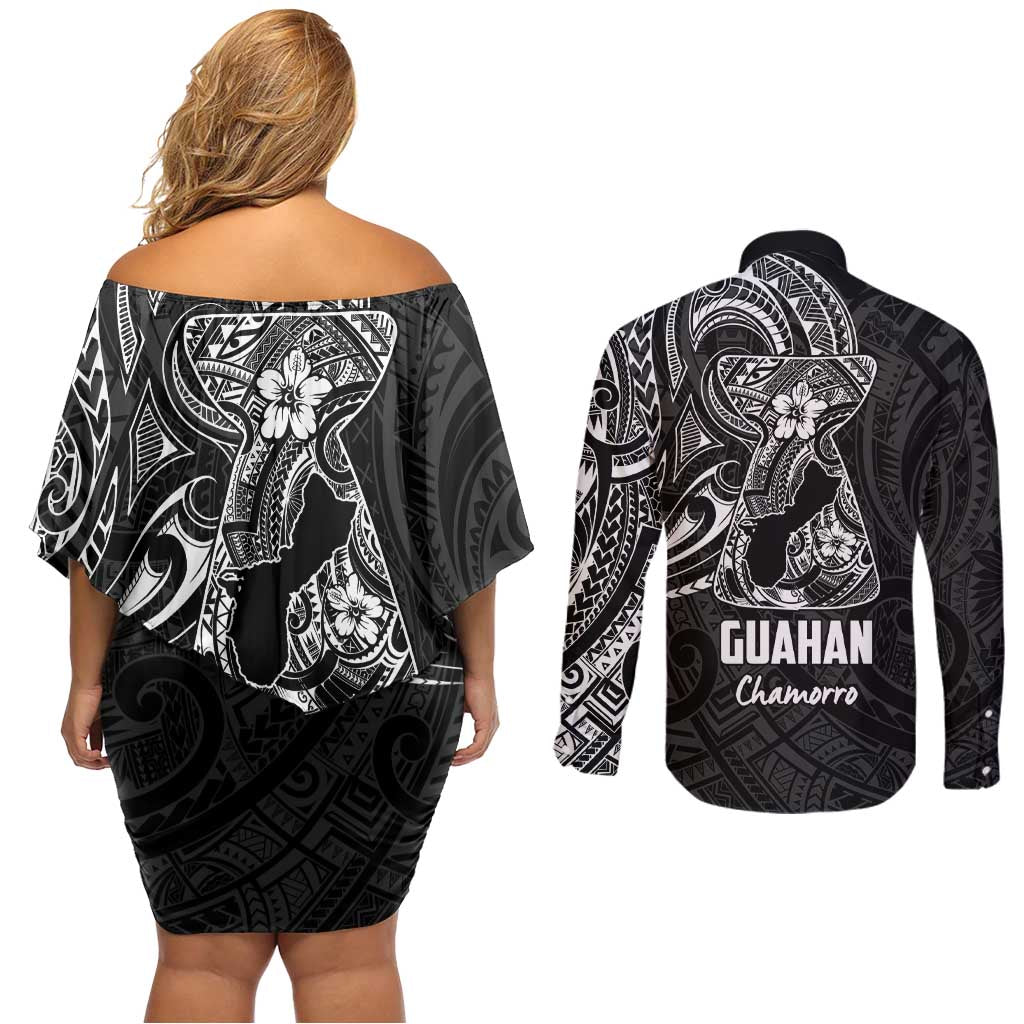 Black Guam Latte Stone Tribal Tattoo Couples Matching Off Shoulder Short Dress and Long Sleeve Button Shirt Hafa Adai Six 7 One LT9 - Polynesian Pride