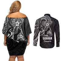 Black Guam Latte Stone Tribal Tattoo Couples Matching Off Shoulder Short Dress and Long Sleeve Button Shirt Hafa Adai Six 7 One LT9 - Polynesian Pride