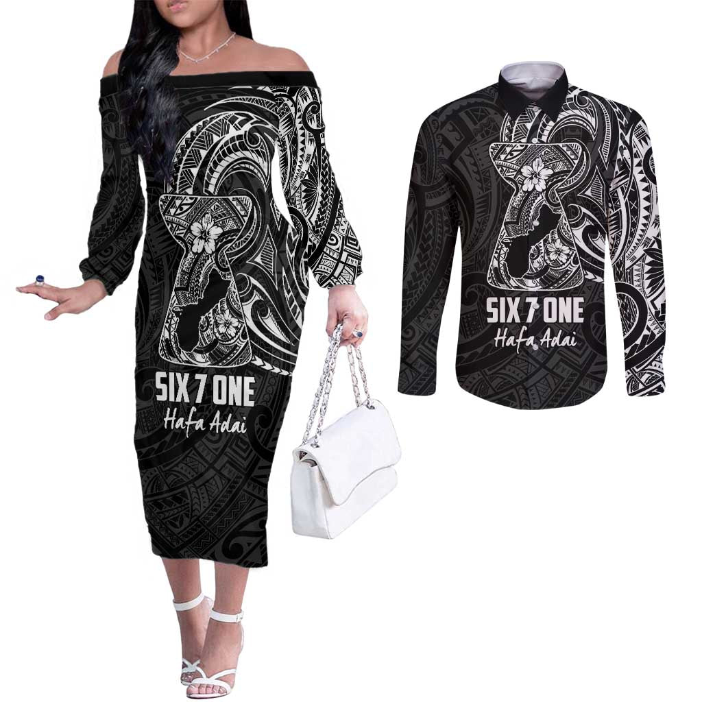 Black Guam Latte Stone Tribal Tattoo Couples Matching Off The Shoulder Long Sleeve Dress and Long Sleeve Button Shirt Hafa Adai Six 7 One LT9 Black - Polynesian Pride