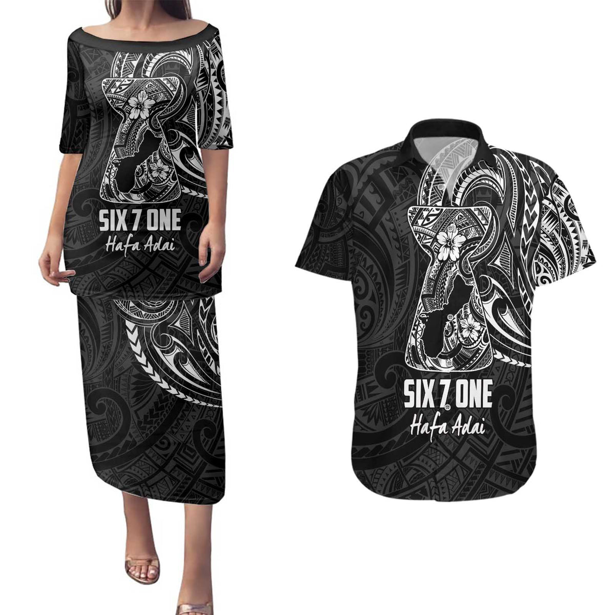 Black Guam Latte Stone Tribal Tattoo Couples Matching Puletasi and Hawaiian Shirt Hafa Adai Six 7 One LT9 Black - Polynesian Pride