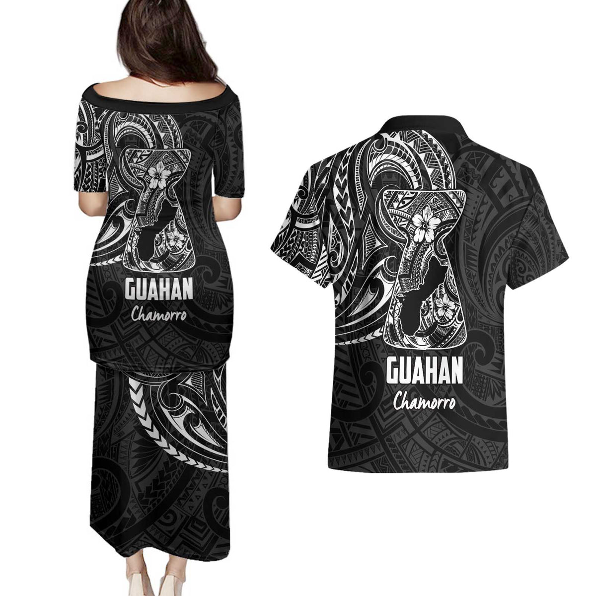Black Guam Latte Stone Tribal Tattoo Couples Matching Puletasi and Hawaiian Shirt Hafa Adai Six 7 One LT9 - Polynesian Pride