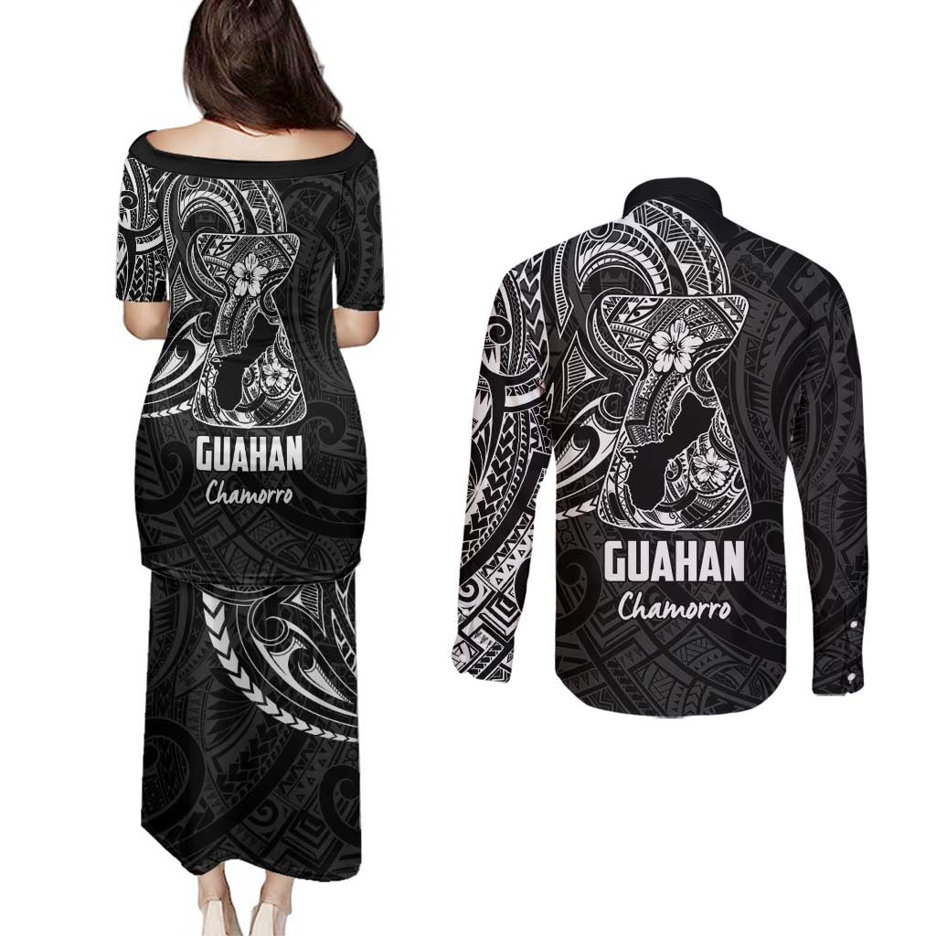 Black Guam Latte Stone Tribal Tattoo Couples Matching Puletasi and Long Sleeve Button Shirt Hafa Adai Six 7 One LT9 - Polynesian Pride