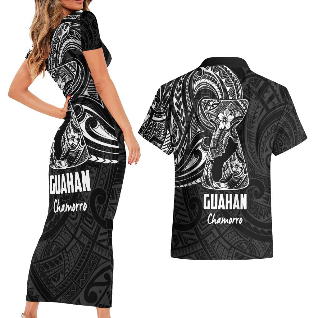 Black Guam Latte Stone Tribal Tattoo Couples Matching Short Sleeve Bodycon Dress and Hawaiian Shirt Hafa Adai Six 7 One LT9 - Polynesian Pride