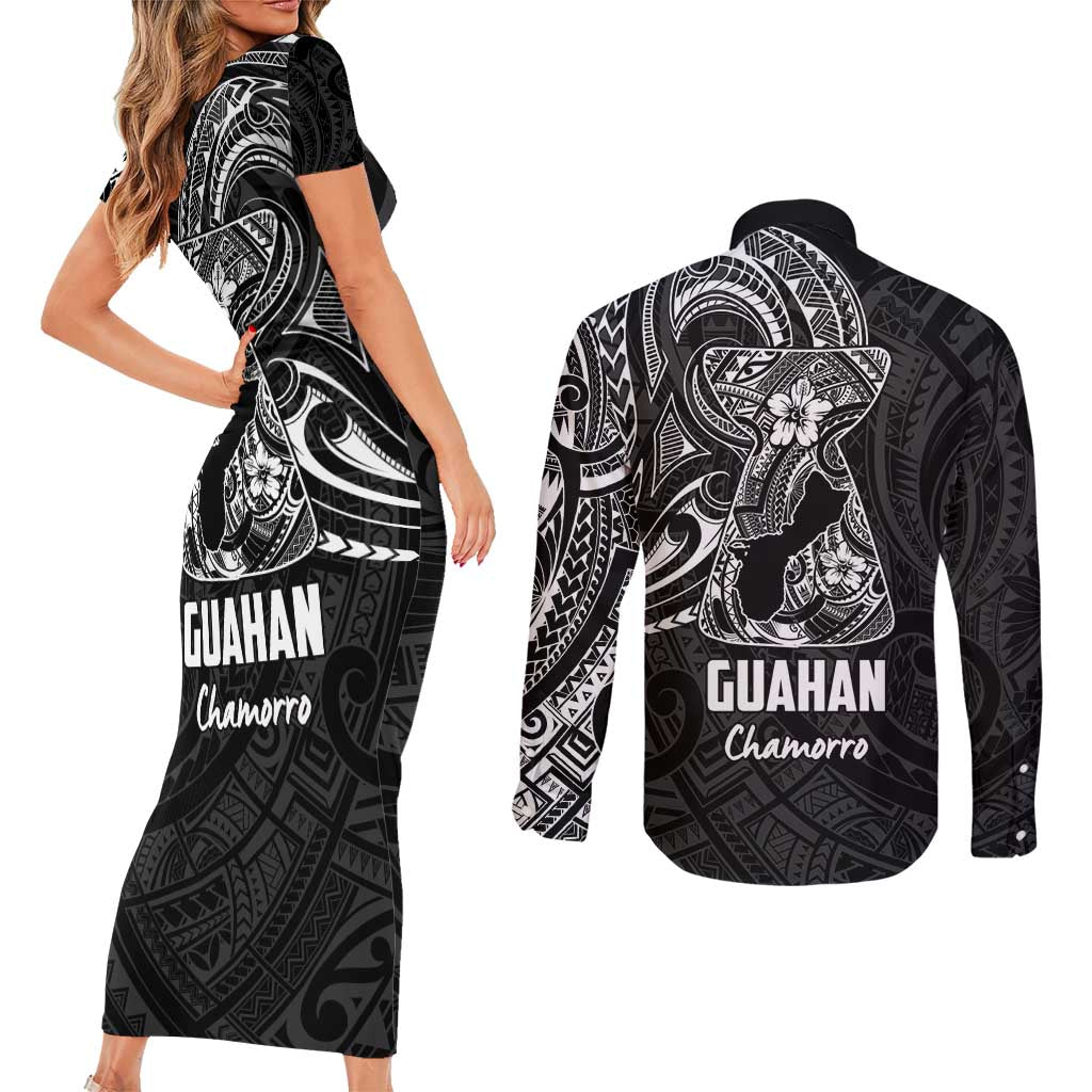 Black Guam Latte Stone Tribal Tattoo Couples Matching Short Sleeve Bodycon Dress and Long Sleeve Button Shirt Hafa Adai Six 7 One LT9 - Polynesian Pride