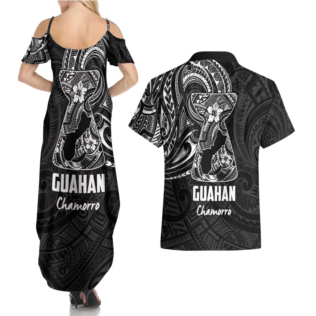 Black Guam Latte Stone Tribal Tattoo Couples Matching Summer Maxi Dress and Hawaiian Shirt Hafa Adai Six 7 One LT9 - Polynesian Pride