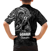 Black Guam Latte Stone Tribal Tattoo Family Matching Off The Shoulder Long Sleeve Dress and Hawaiian Shirt Hafa Adai Six 7 One LT9 - Polynesian Pride