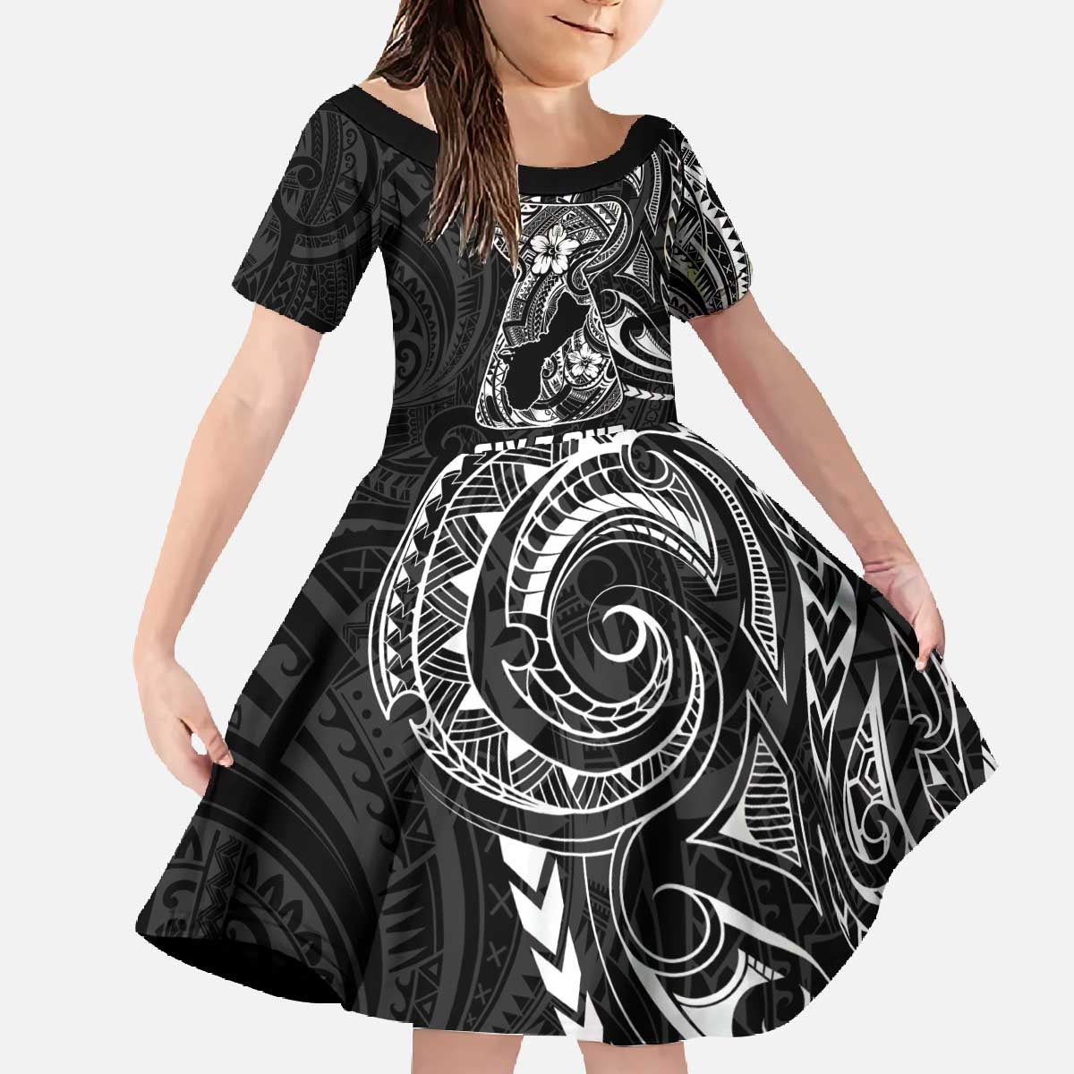 Black Guam Latte Stone Tribal Tattoo Family Matching Off The Shoulder Long Sleeve Dress and Hawaiian Shirt Hafa Adai Six 7 One LT9 Daughter's Dress Black - Polynesian Pride