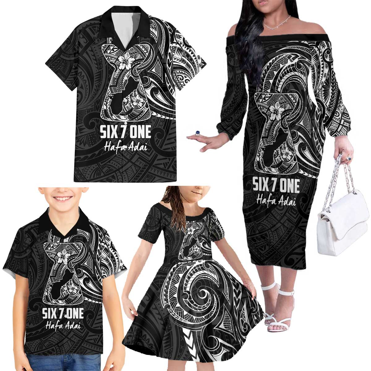 Black Guam Latte Stone Tribal Tattoo Family Matching Off The Shoulder Long Sleeve Dress and Hawaiian Shirt Hafa Adai Six 7 One LT9 - Polynesian Pride