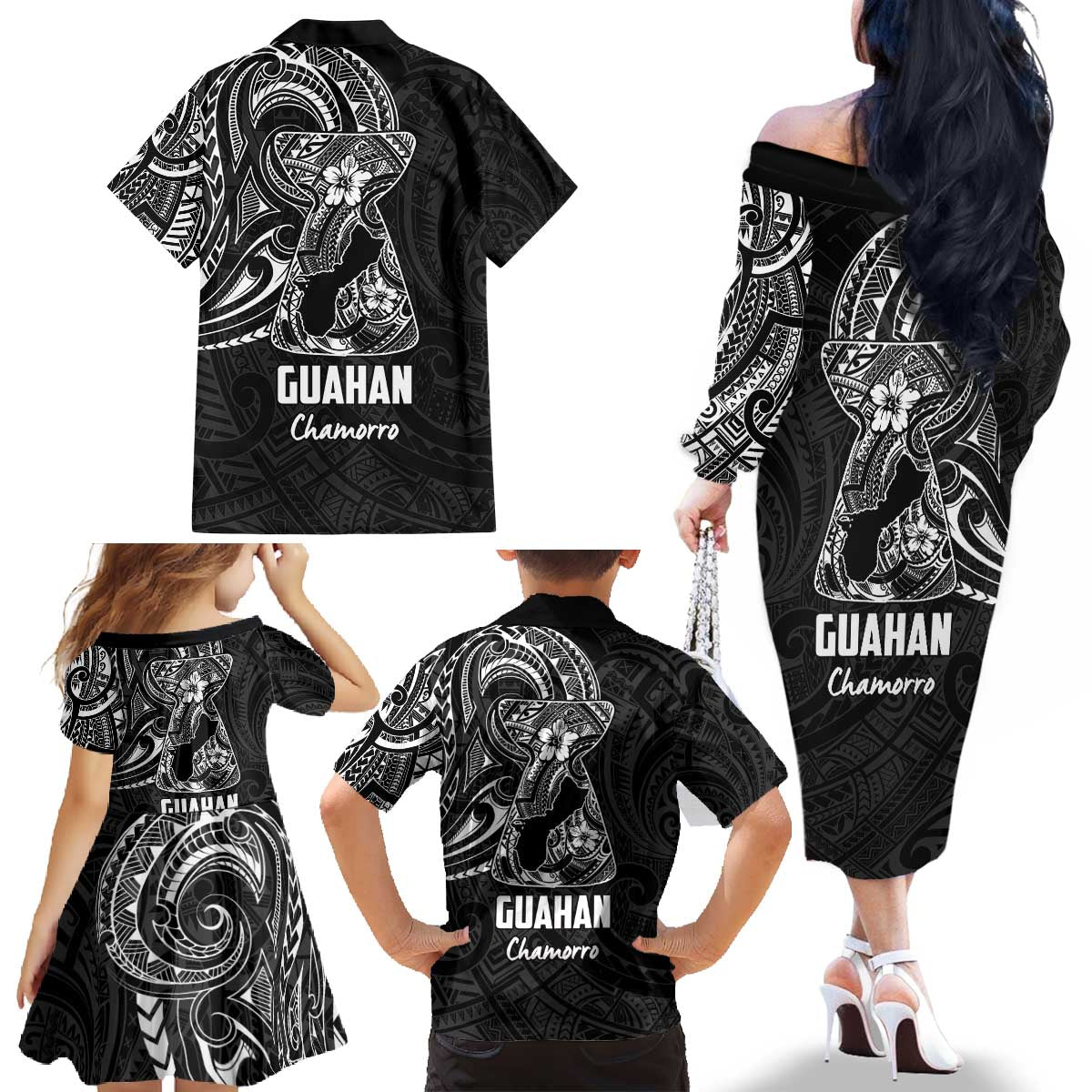Black Guam Latte Stone Tribal Tattoo Family Matching Off The Shoulder Long Sleeve Dress and Hawaiian Shirt Hafa Adai Six 7 One LT9 - Polynesian Pride
