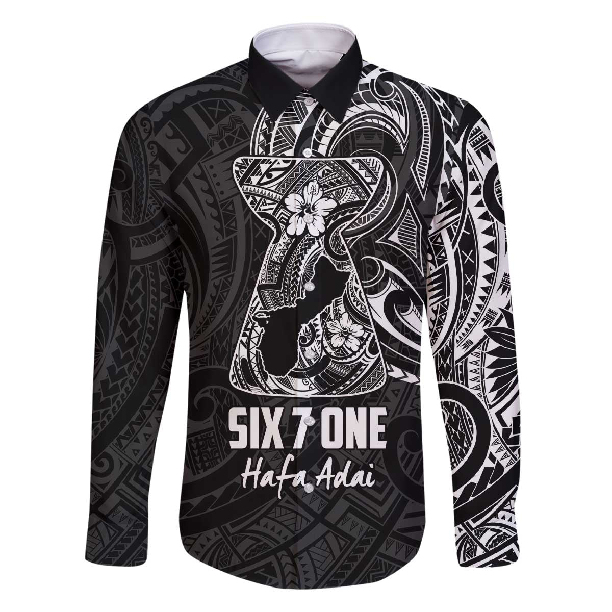 Black Guam Latte Stone Tribal Tattoo Family Matching Off The Shoulder Long Sleeve Dress and Hawaiian Shirt Hafa Adai Six 7 One LT9 Dad's Shirt - Long Sleeve Black - Polynesian Pride