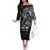 Black Guam Latte Stone Tribal Tattoo Family Matching Off The Shoulder Long Sleeve Dress and Hawaiian Shirt Hafa Adai Six 7 One LT9 Mom's Dress Black - Polynesian Pride