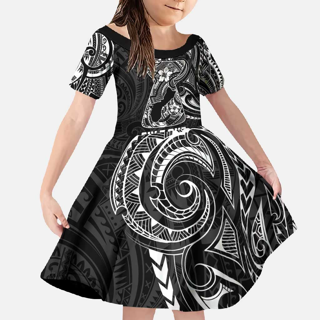 Black Guam Latte Stone Tribal Tattoo Family Matching Off Shoulder Maxi Dress and Hawaiian Shirt Hafa Adai Six 7 One LT9 Daughter's Dress Black - Polynesian Pride