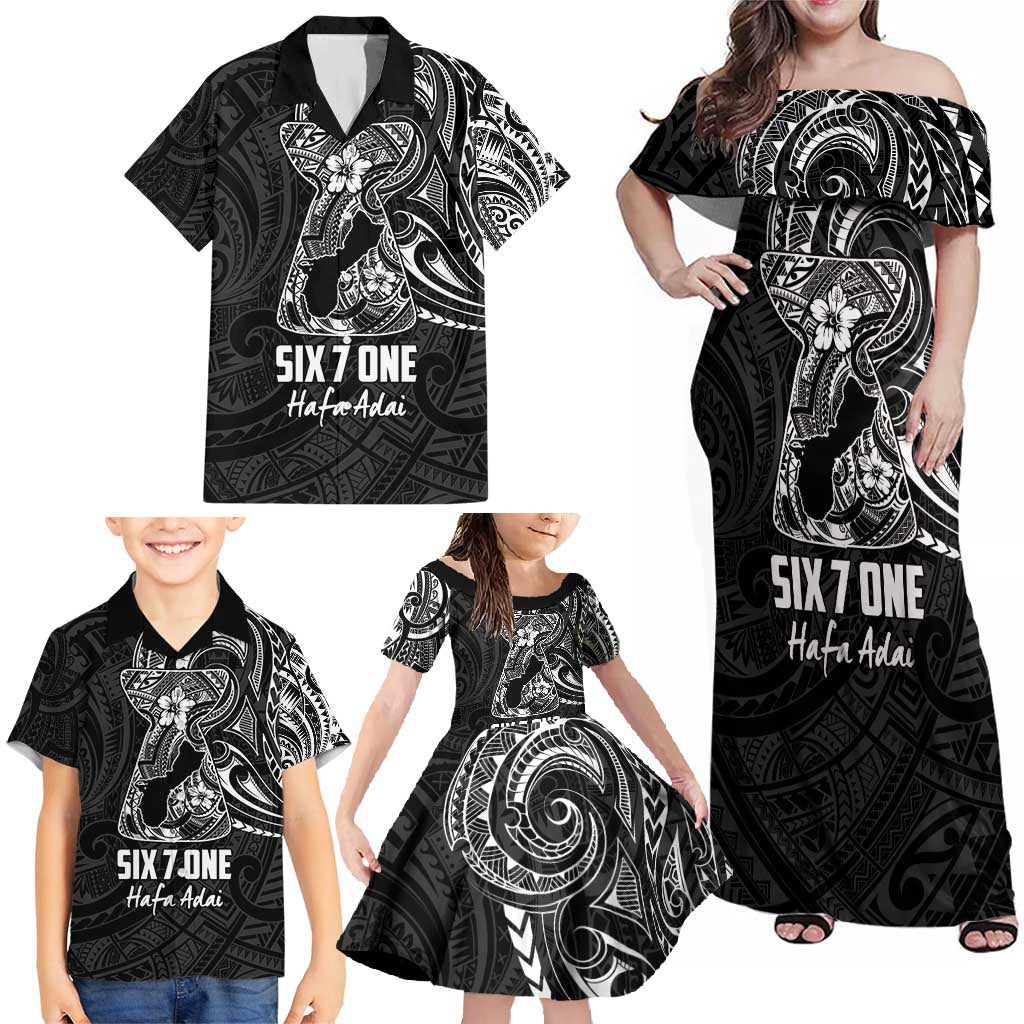 Black Guam Latte Stone Tribal Tattoo Family Matching Off Shoulder Maxi Dress and Hawaiian Shirt Hafa Adai Six 7 One LT9 - Polynesian Pride
