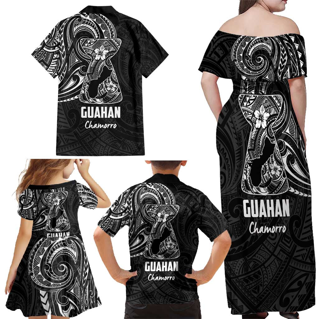 Black Guam Latte Stone Tribal Tattoo Family Matching Off Shoulder Maxi Dress and Hawaiian Shirt Hafa Adai Six 7 One LT9 - Polynesian Pride