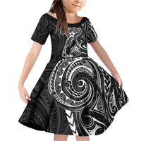 Black Guam Latte Stone Tribal Tattoo Family Matching Off Shoulder Short Dress and Hawaiian Shirt Hafa Adai Six 7 One LT9 Daughter's Dress Black - Polynesian Pride