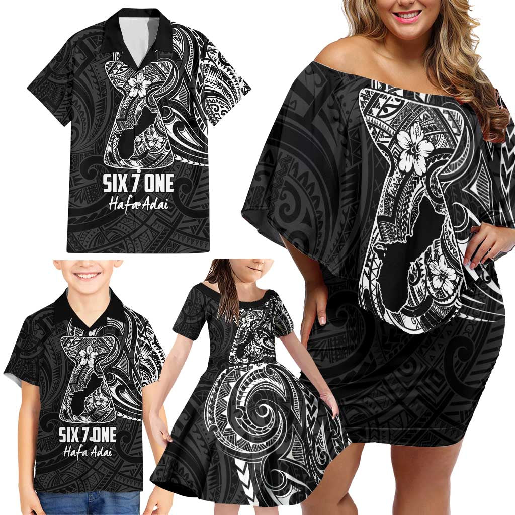 Black Guam Latte Stone Tribal Tattoo Family Matching Off Shoulder Short Dress and Hawaiian Shirt Hafa Adai Six 7 One LT9 - Polynesian Pride